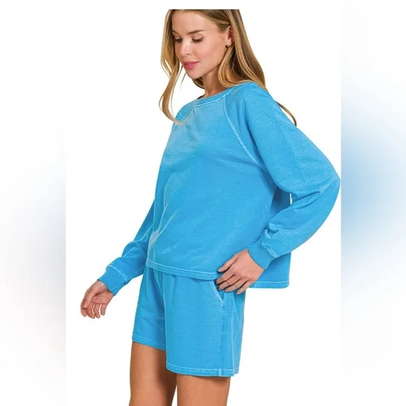 Zenana  Blue Long Sleeve Top and Shorts Set - Picture 2 of 3